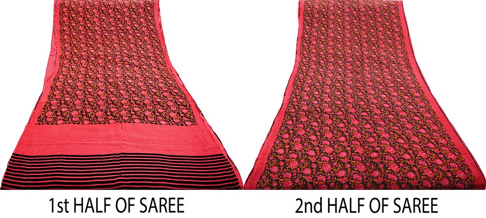 Indian Vintage Sari Pink & Black Pure Crepe Silk Printed Saree 5yard Sewing Floral Soft Craft Fabric Ethnic Wrap