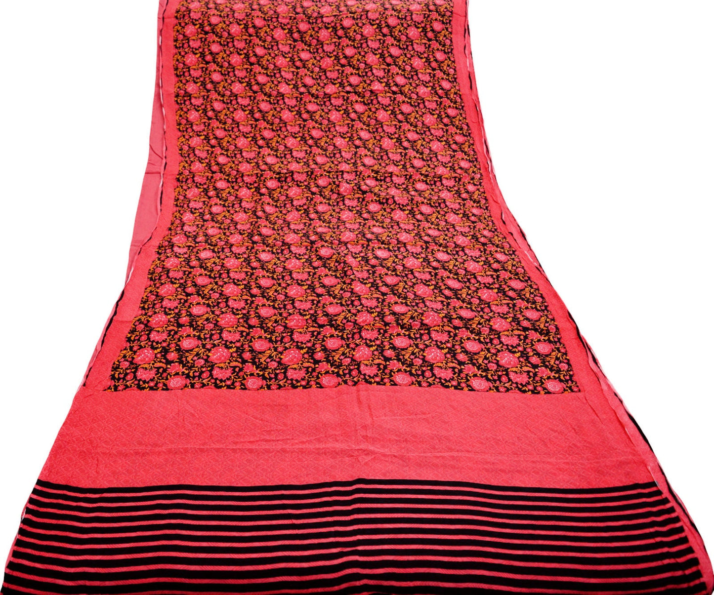 Indian Vintage Sari Pink & Black Pure Crepe Silk Printed Saree 5yard Sewing Floral Soft Craft Fabric Ethnic Wrap