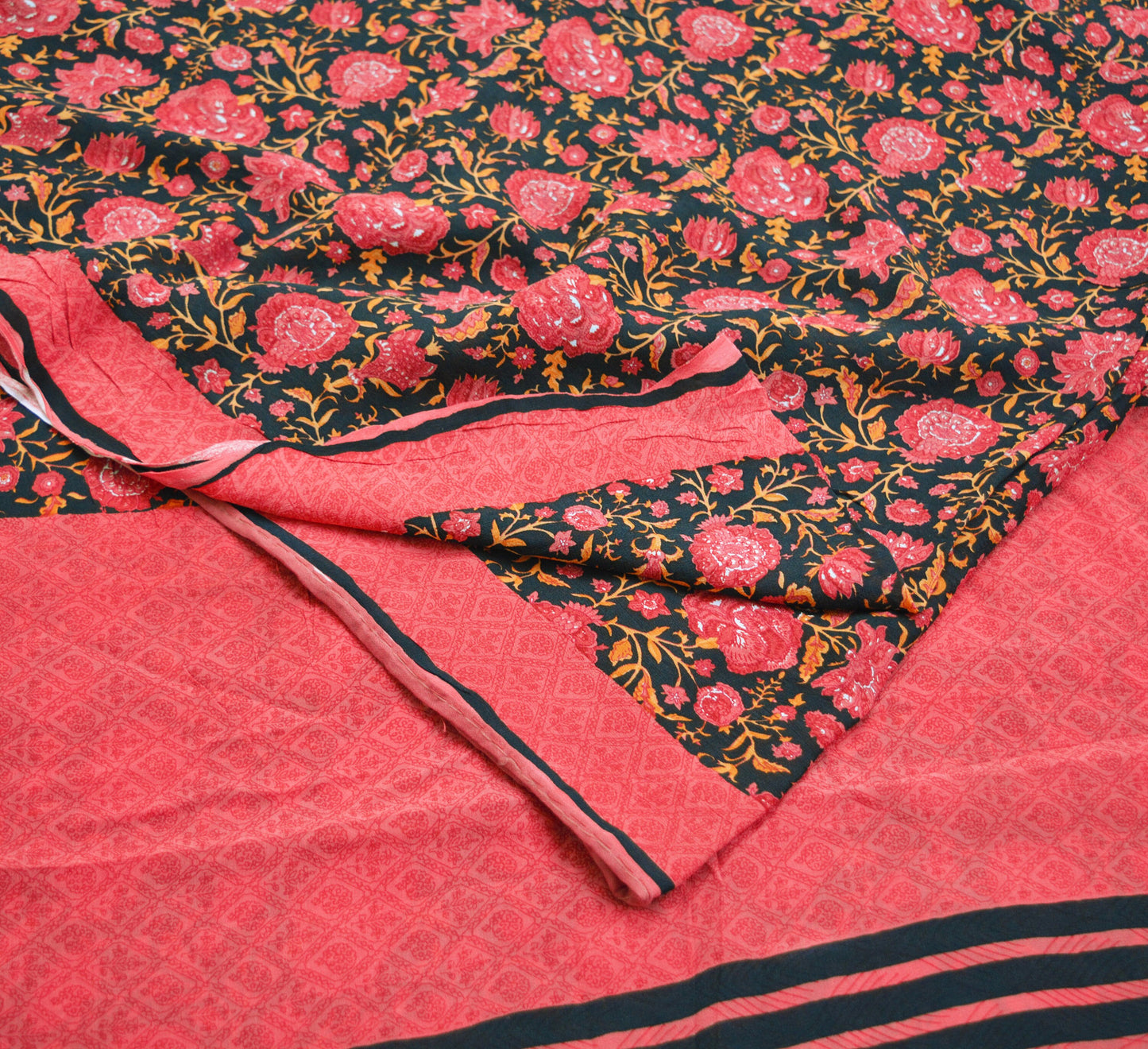 Indian Vintage Sari Pink & Black Pure Crepe Silk Printed Saree 5yard Sewing Floral Soft Craft Fabric Ethnic Wrap