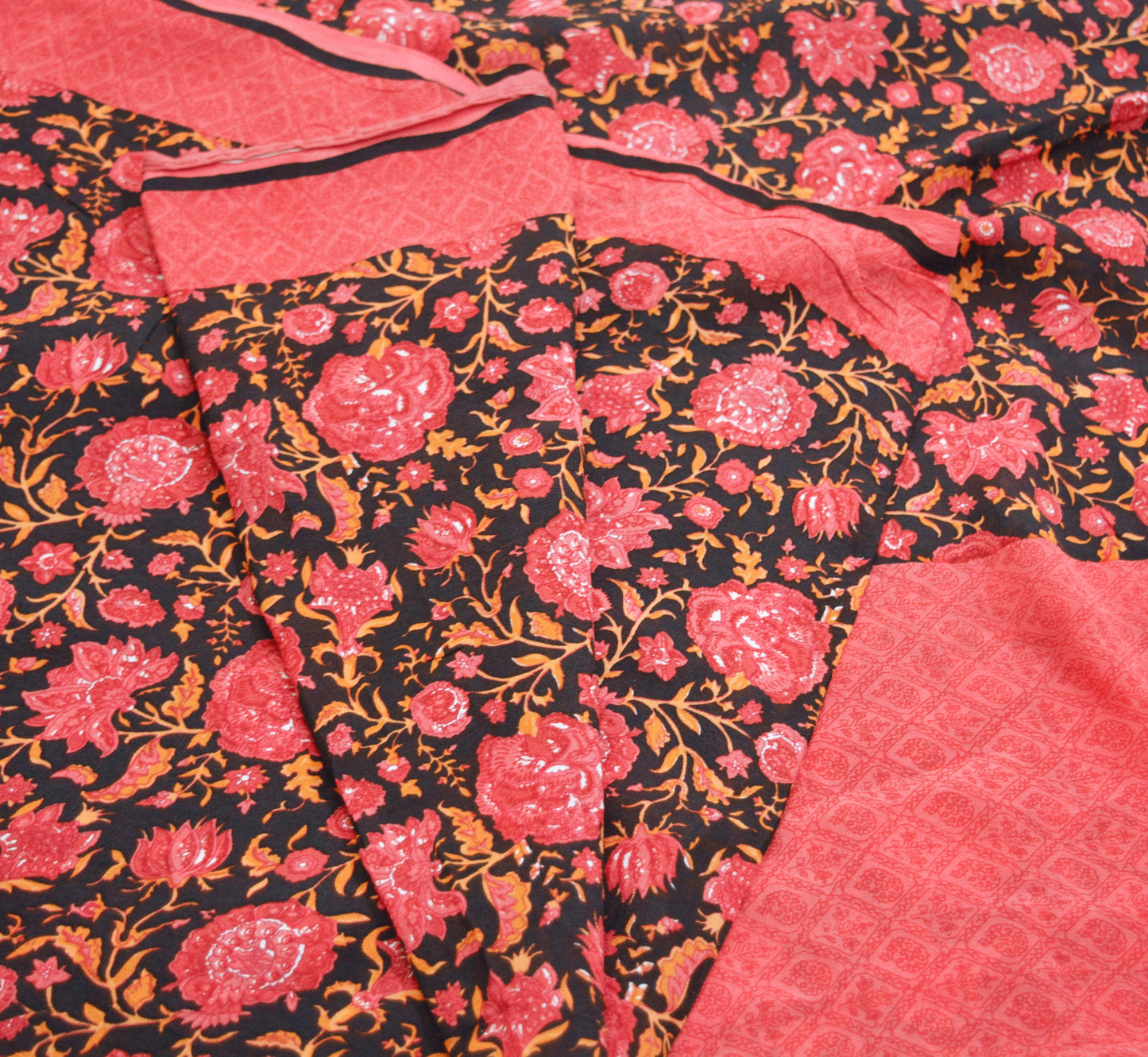 Indian Vintage Sari Pink & Black Pure Crepe Silk Printed Saree 5yard Sewing Floral Soft Craft Fabric Ethnic Wrap
