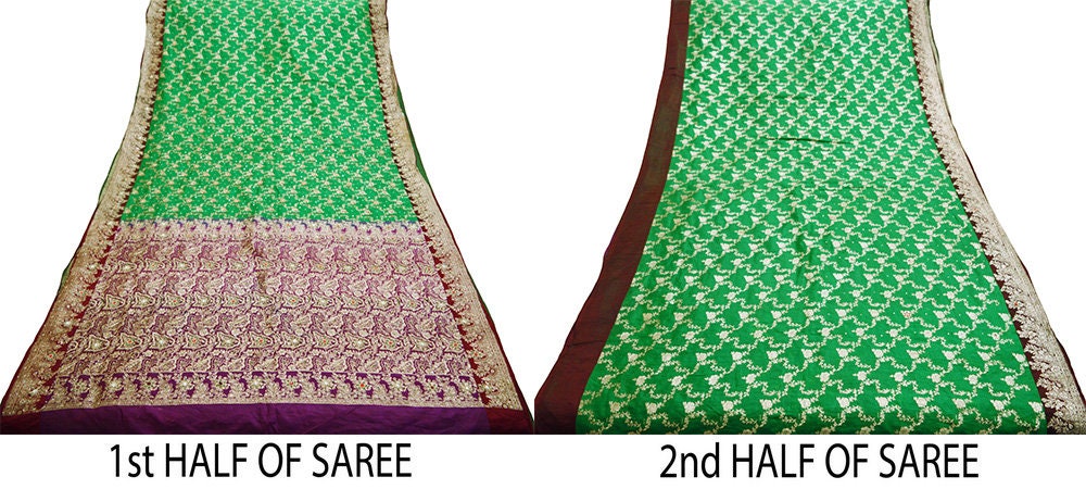 Vintage Sari Heavy Wedding Pure Satin Silk Hand Embroidered Banarsi Brocade Saree Zari/Zardozi/Dabka 5Yd