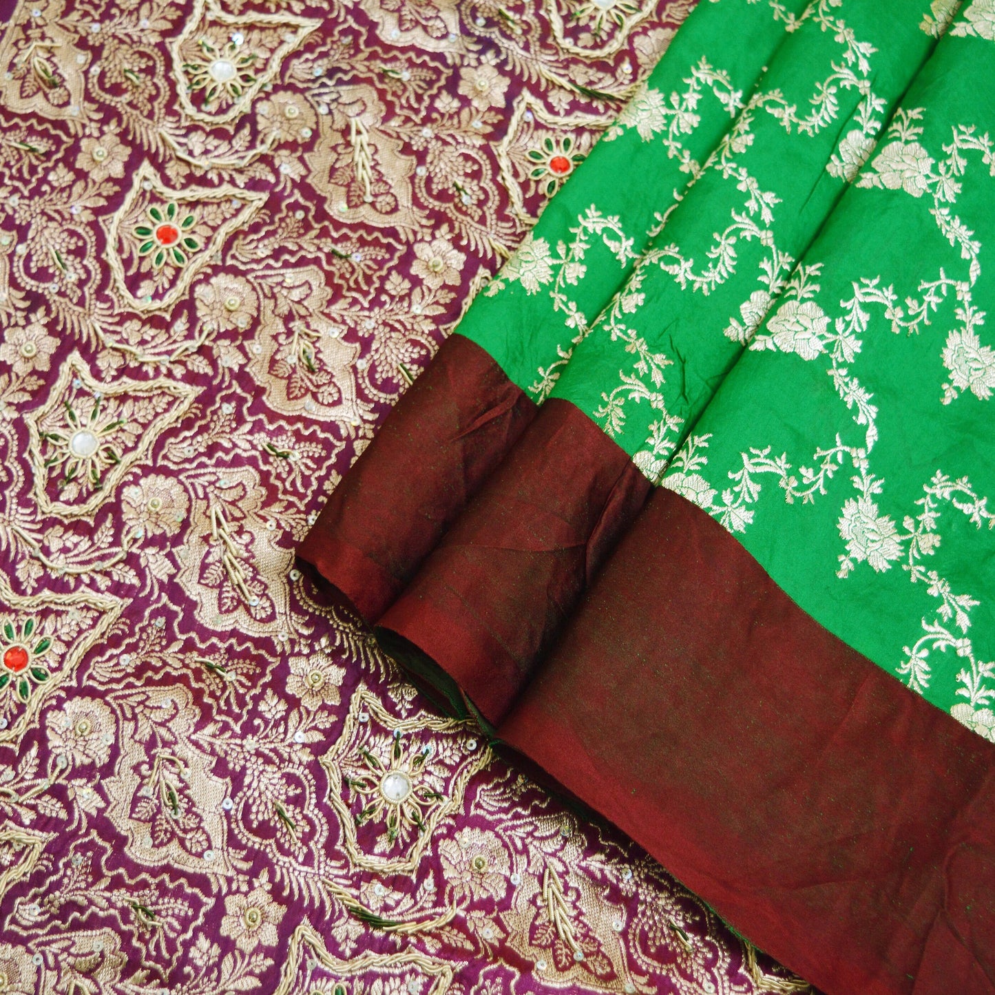 Vintage Sari Heavy Wedding Pure Satin Silk Hand Embroidered Banarsi Brocade Saree Zari/Zardozi/Dabka 5Yd