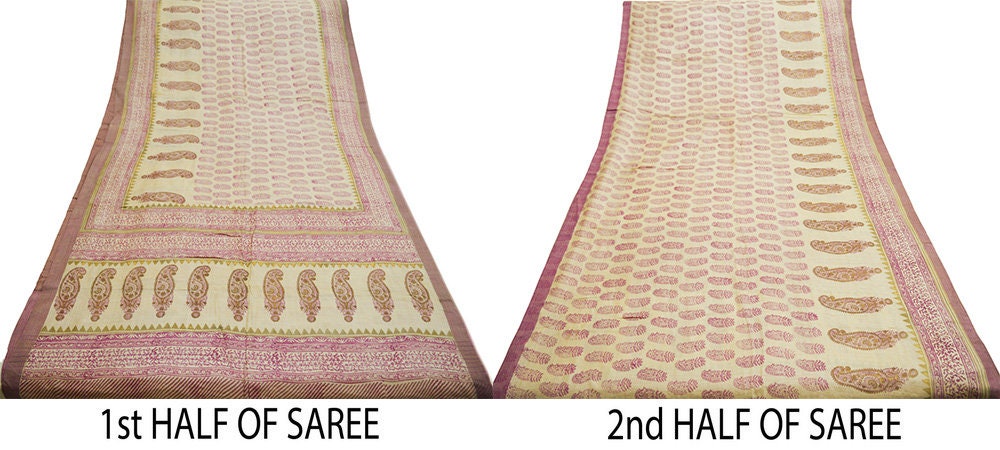 Vintage Ivory Heavy Saree Pure Woolen Woven Painted/Printed Indian Sari Soft Warm Fabric 5Yard Zigzag Woven Border Fringes