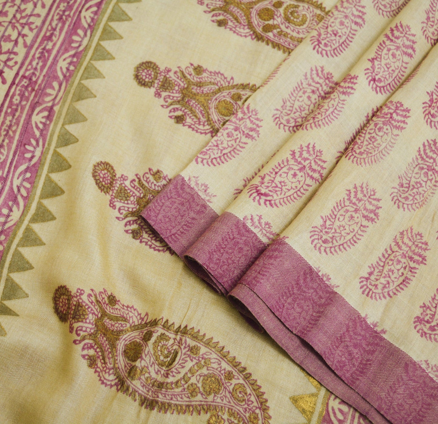 Vintage Ivory Heavy Saree Pure Woolen Woven Painted/Printed Indian Sari Soft Warm Fabric 5Yard Zigzag Woven Border Fringes