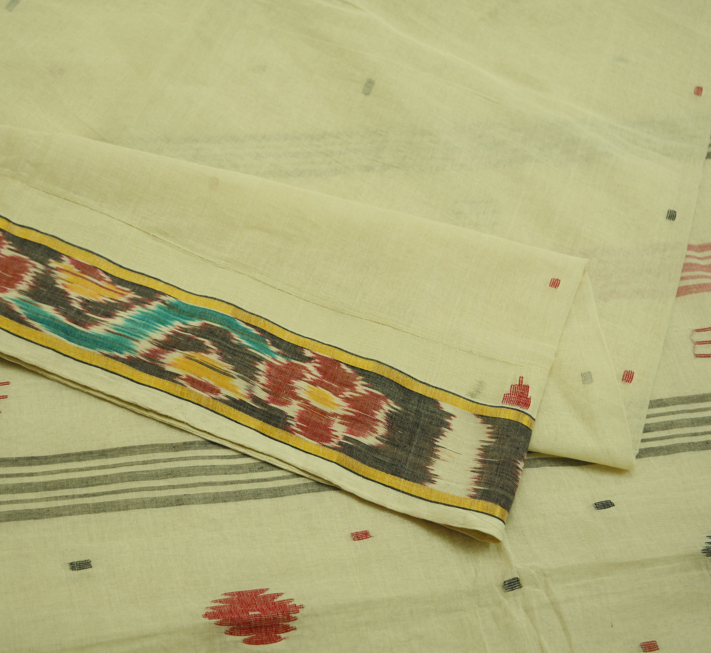 Indian Vintage Off-white Hand woven Sambalpuri Ikat sari Saree Pure Cotton Indian Sari Fabric 5Yard Ethnic Chackra Border