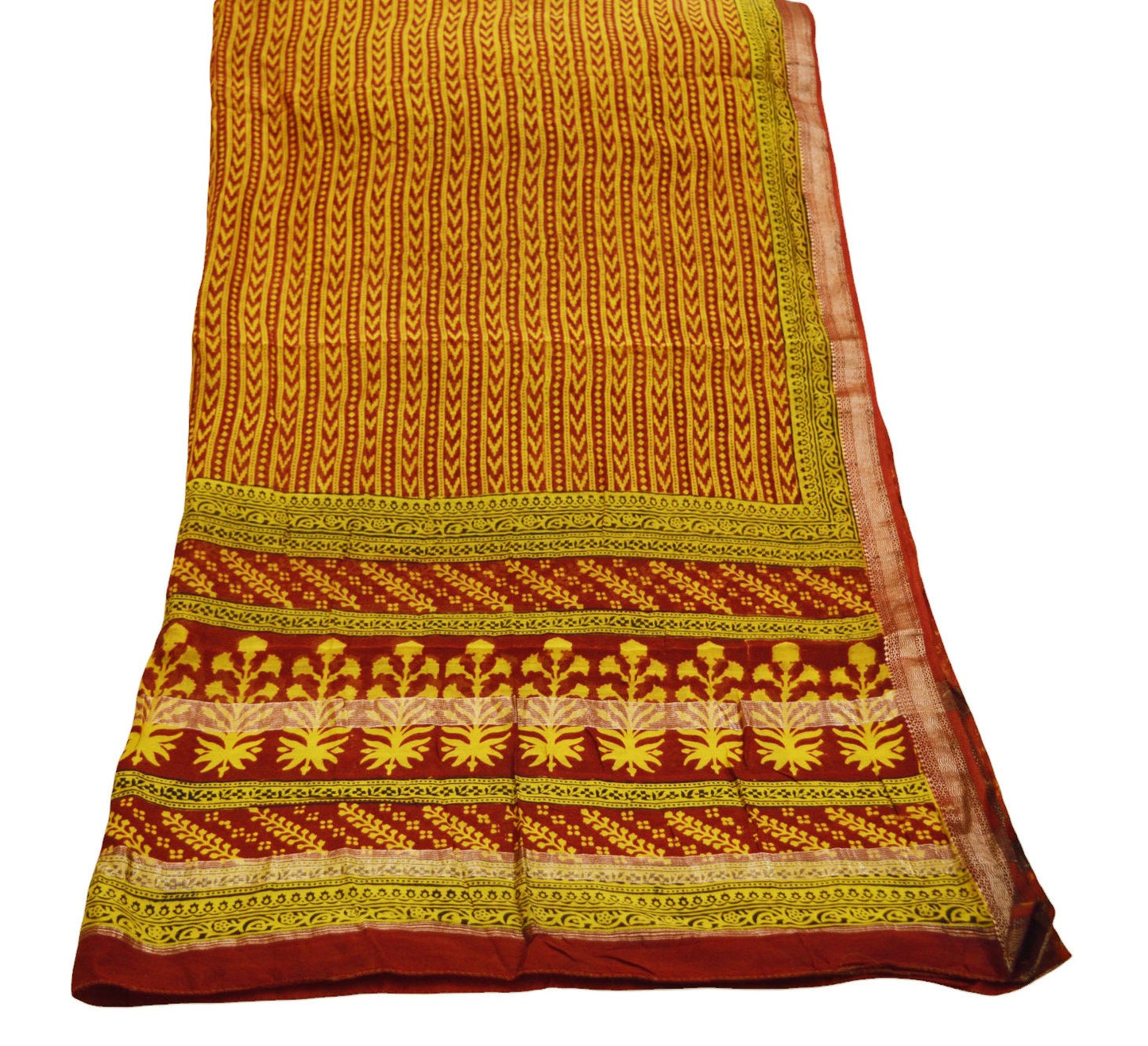 Indian Yellow & Maroon Vintage Dupatta Long Stole Block Print 100% Pure Cotton Indian Scarf Veil Soft Paisley Floral Zari