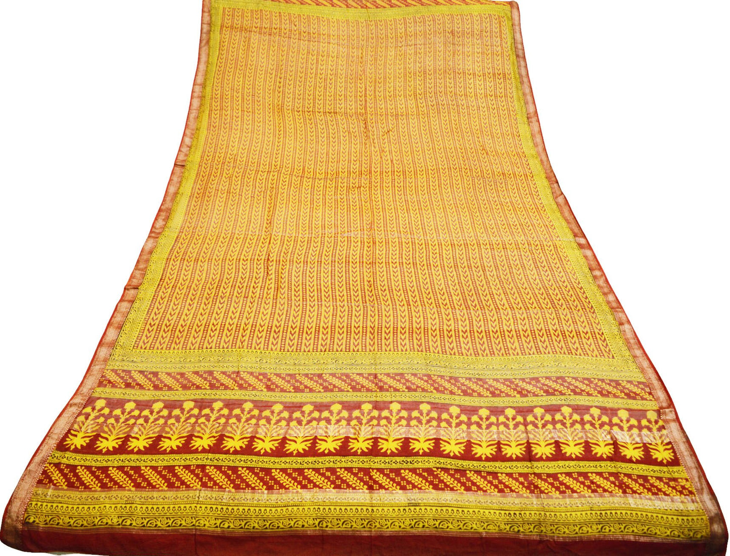Indian Yellow & Maroon Vintage Dupatta Long Stole Block Print 100% Pure Cotton Indian Scarf Veil Soft Paisley Floral Zari
