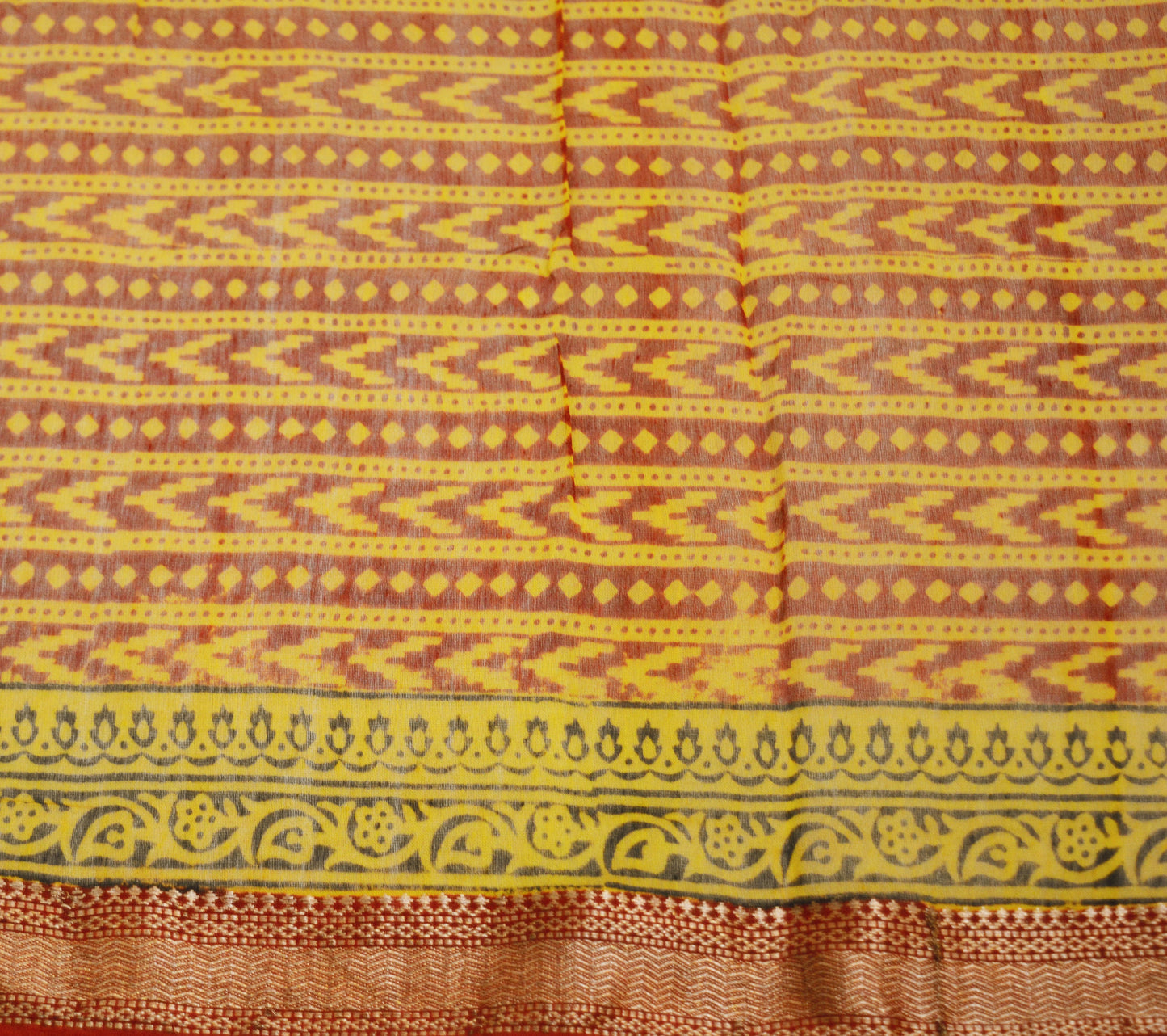Indian Yellow & Maroon Vintage Dupatta Long Stole Block Print 100% Pure Cotton Indian Scarf Veil Soft Paisley Floral Zari