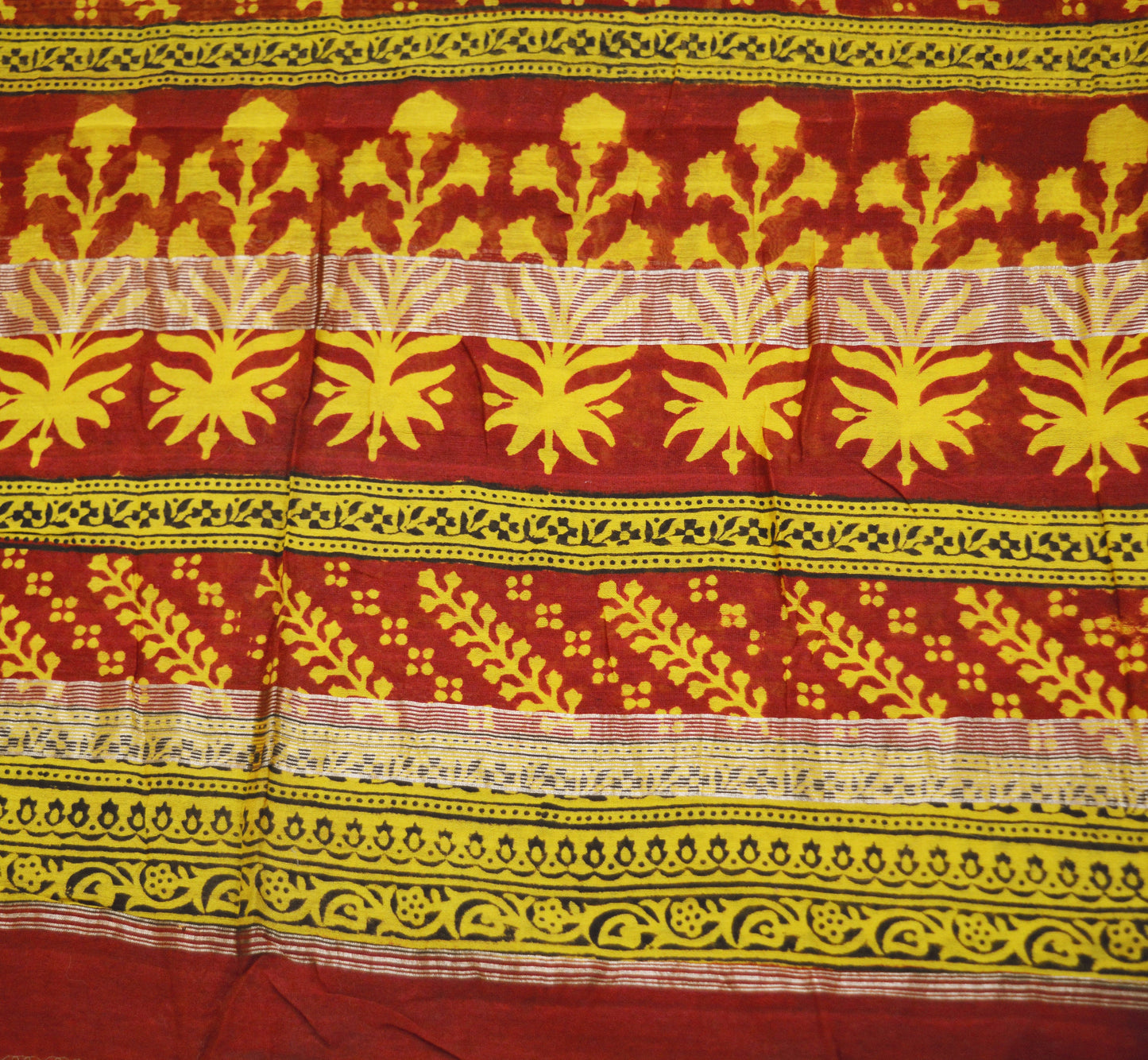 Indian Yellow & Maroon Vintage Dupatta Long Stole Block Print 100% Pure Cotton Indian Scarf Veil Soft Paisley Floral Zari