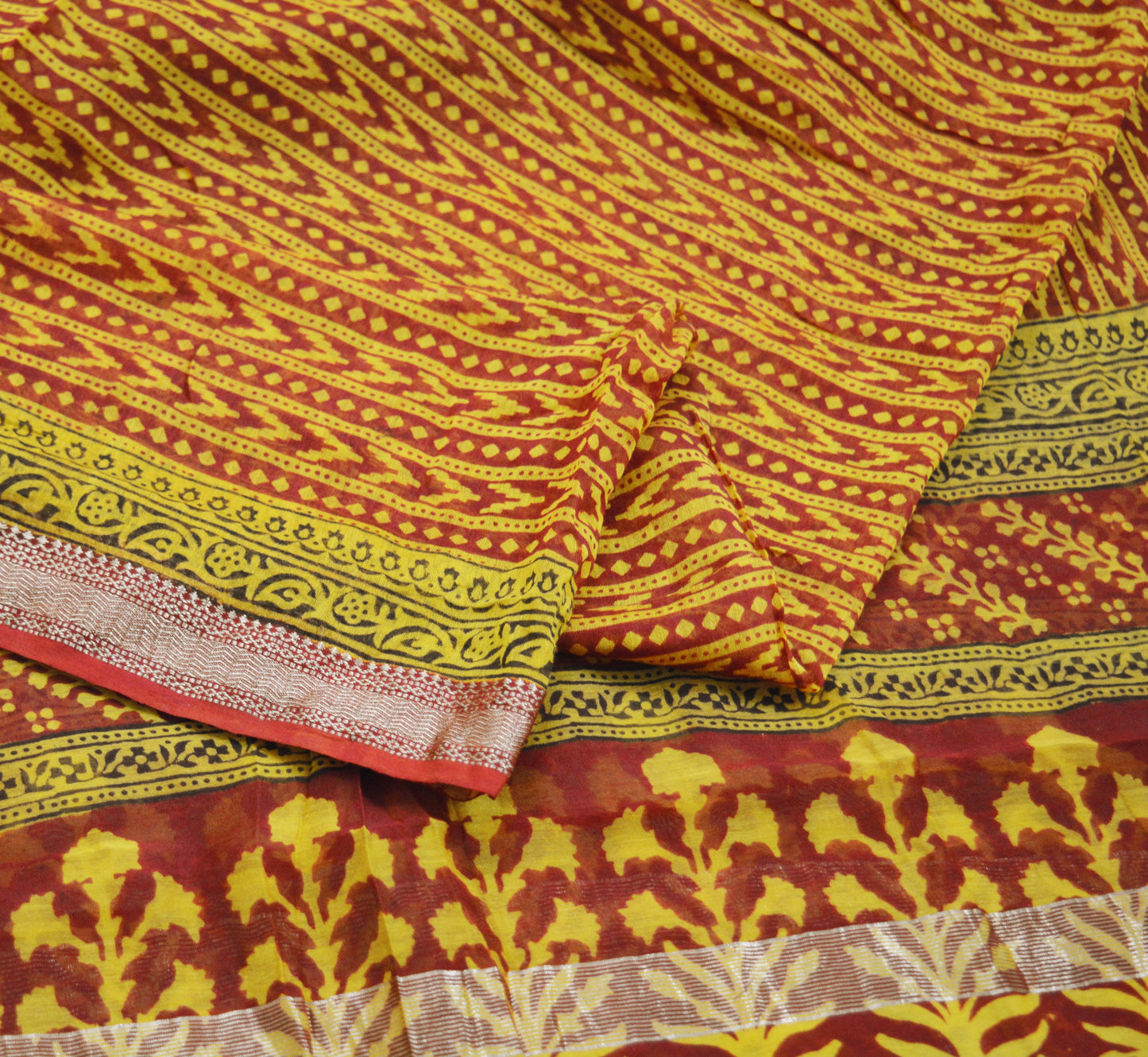 Indian Yellow & Maroon Vintage Dupatta Long Stole Block Print 100% Pure Cotton Indian Scarf Veil Soft Paisley Floral Zari