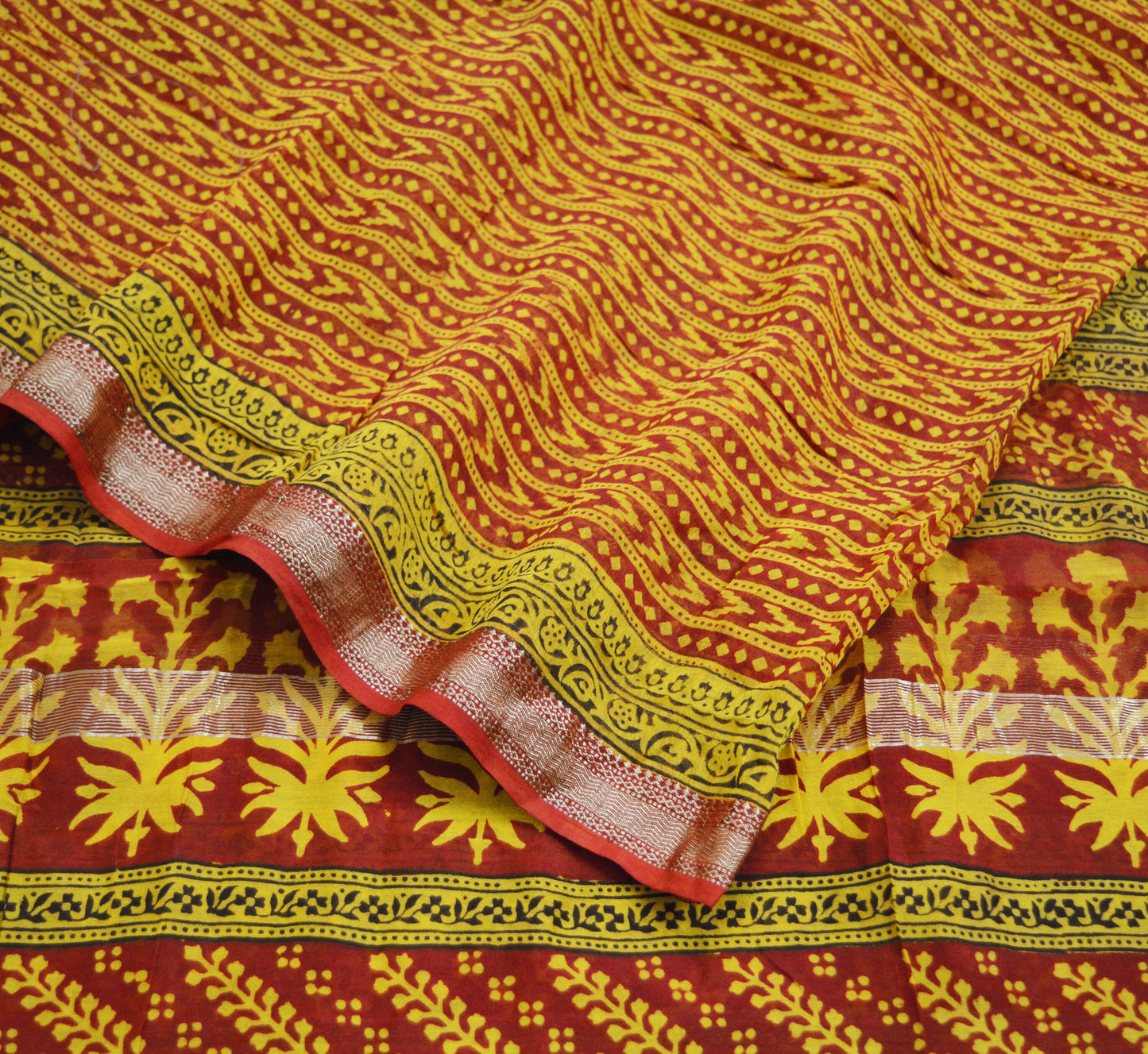 Indian Yellow & Maroon Vintage Dupatta Long Stole Block Print 100% Pure Cotton Indian Scarf Veil Soft Paisley Floral Zari