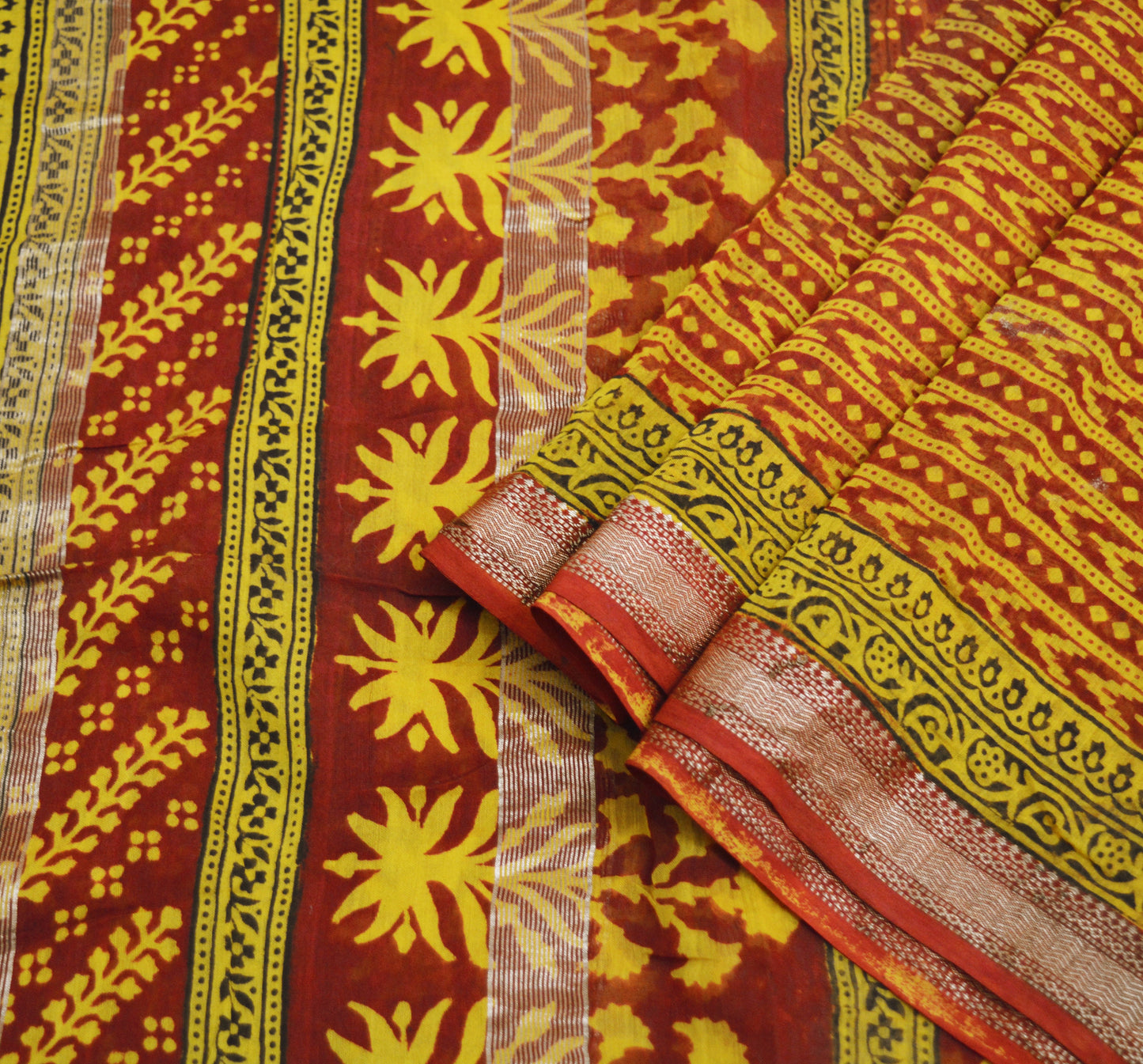 Indian Yellow & Maroon Vintage Dupatta Long Stole Block Print 100% Pure Cotton Indian Scarf Veil Soft Paisley Floral Zari
