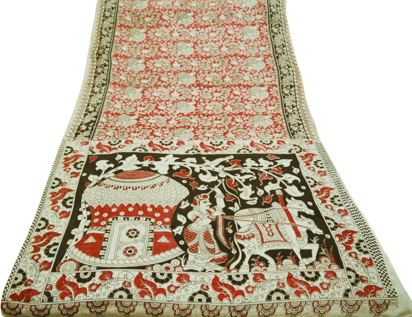 Indian Vintage Sari Kalamkari Printed Pure Cotton Saree Fabric Soft Floral 5Yd Sarong Wrap Fabric Peacock