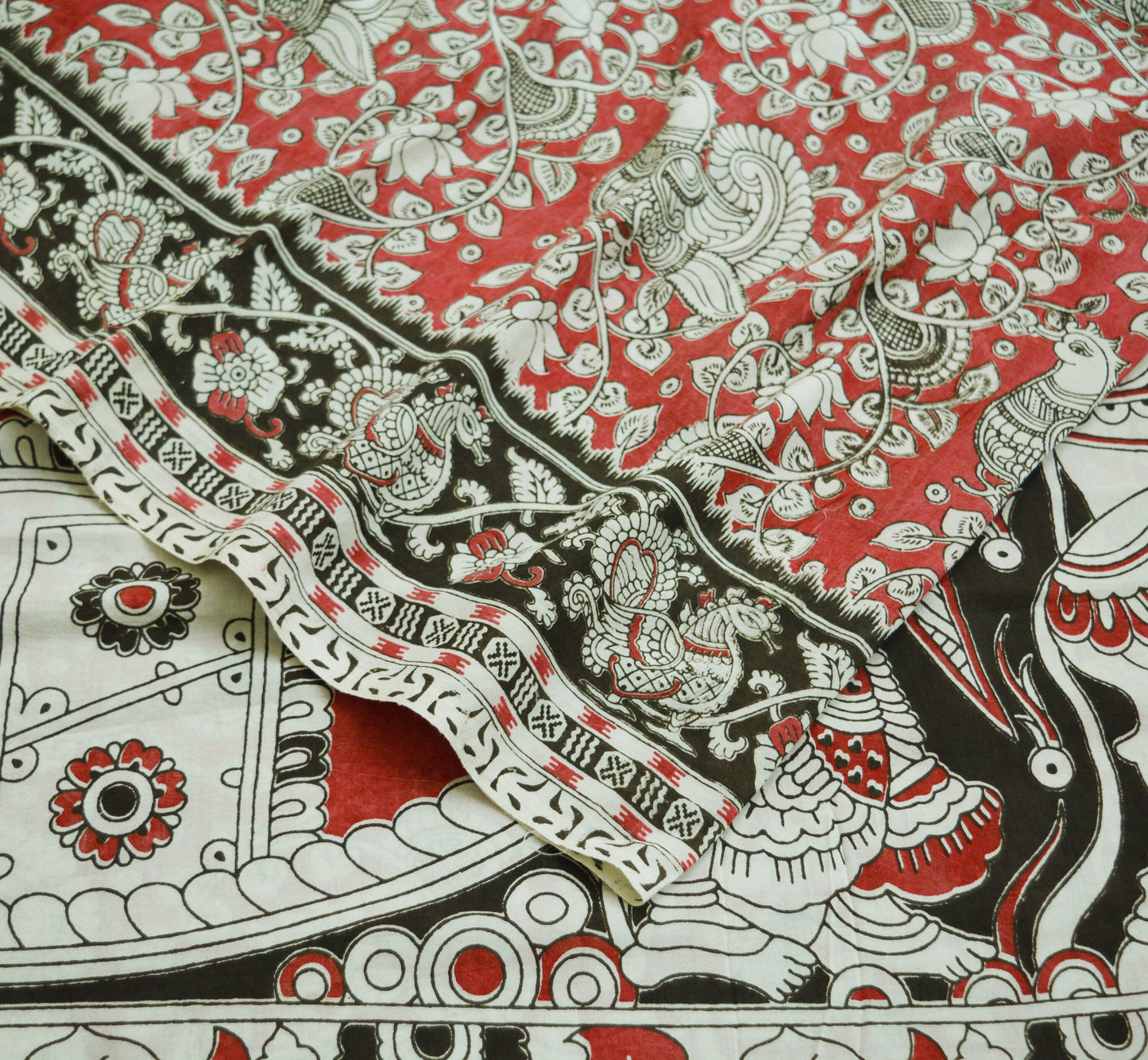 Indian Vintage Sari Kalamkari Printed Pure Cotton Saree Fabric Soft Floral 5Yd Sarong Wrap Fabric Peacock