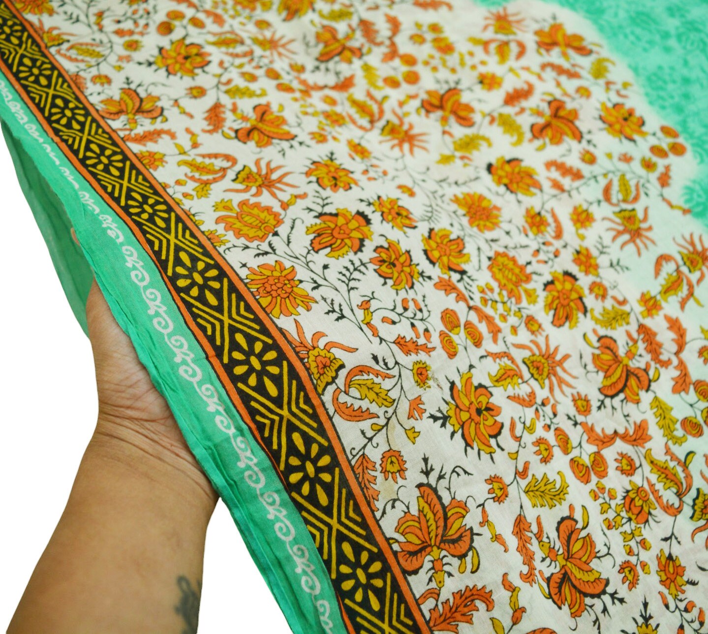 Indian Vintage Sari Green Printed Pure Cotton Saree Craft Soft Fabric 5Yard Sewing Sarong Wrap Boho Floral