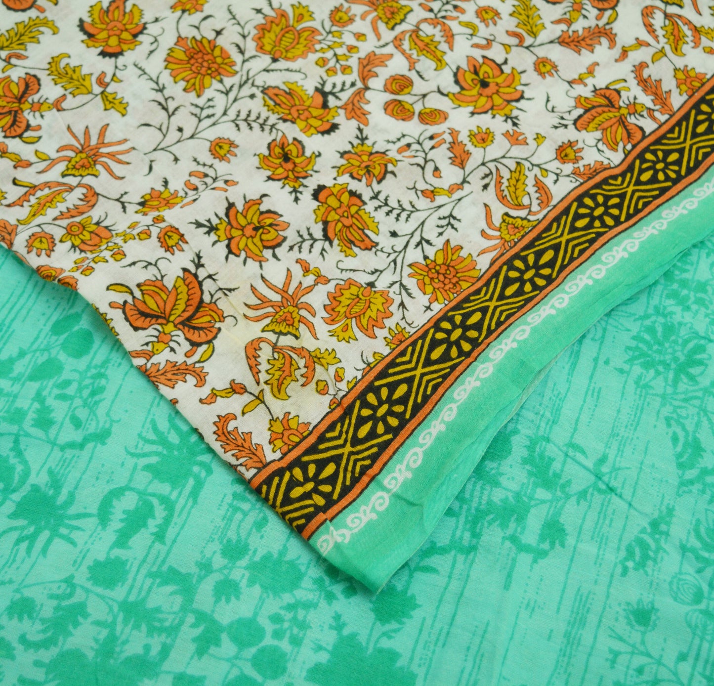 Indian Vintage Sari Green Printed Pure Cotton Saree Craft Soft Fabric 5Yard Sewing Sarong Wrap Boho Floral