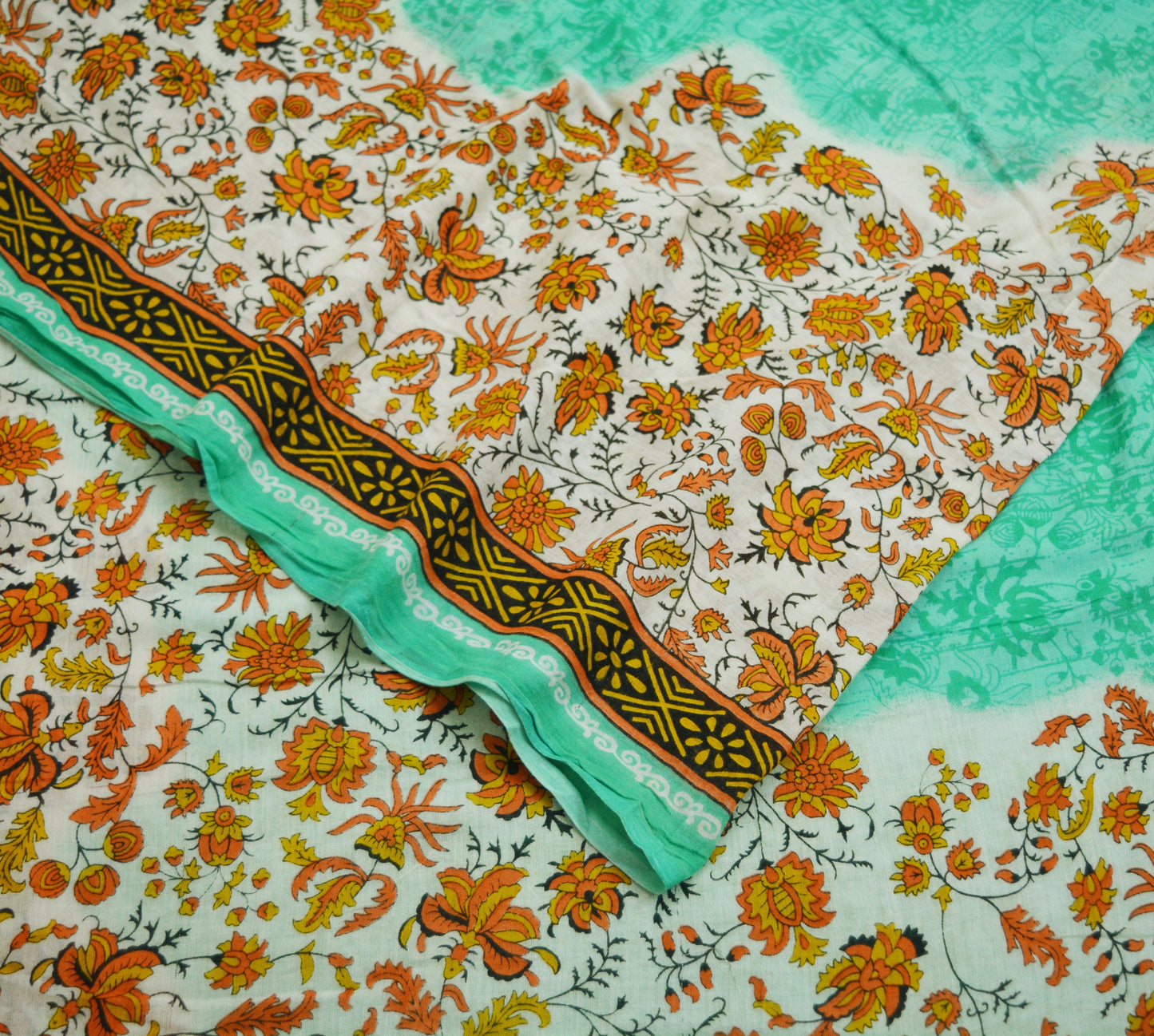 Indian Vintage Sari Green Printed Pure Cotton Saree Craft Soft Fabric 5Yard Sewing Sarong Wrap Boho Floral