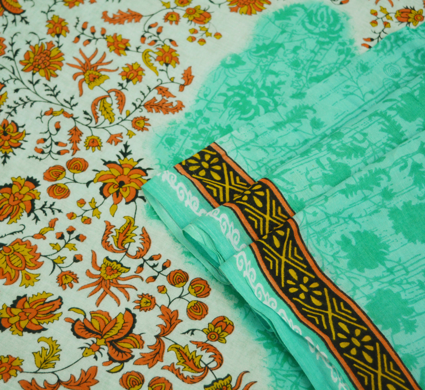 Indian Vintage Sari Green Printed Pure Cotton Saree Craft Soft Fabric 5Yard Sewing Sarong Wrap Boho Floral