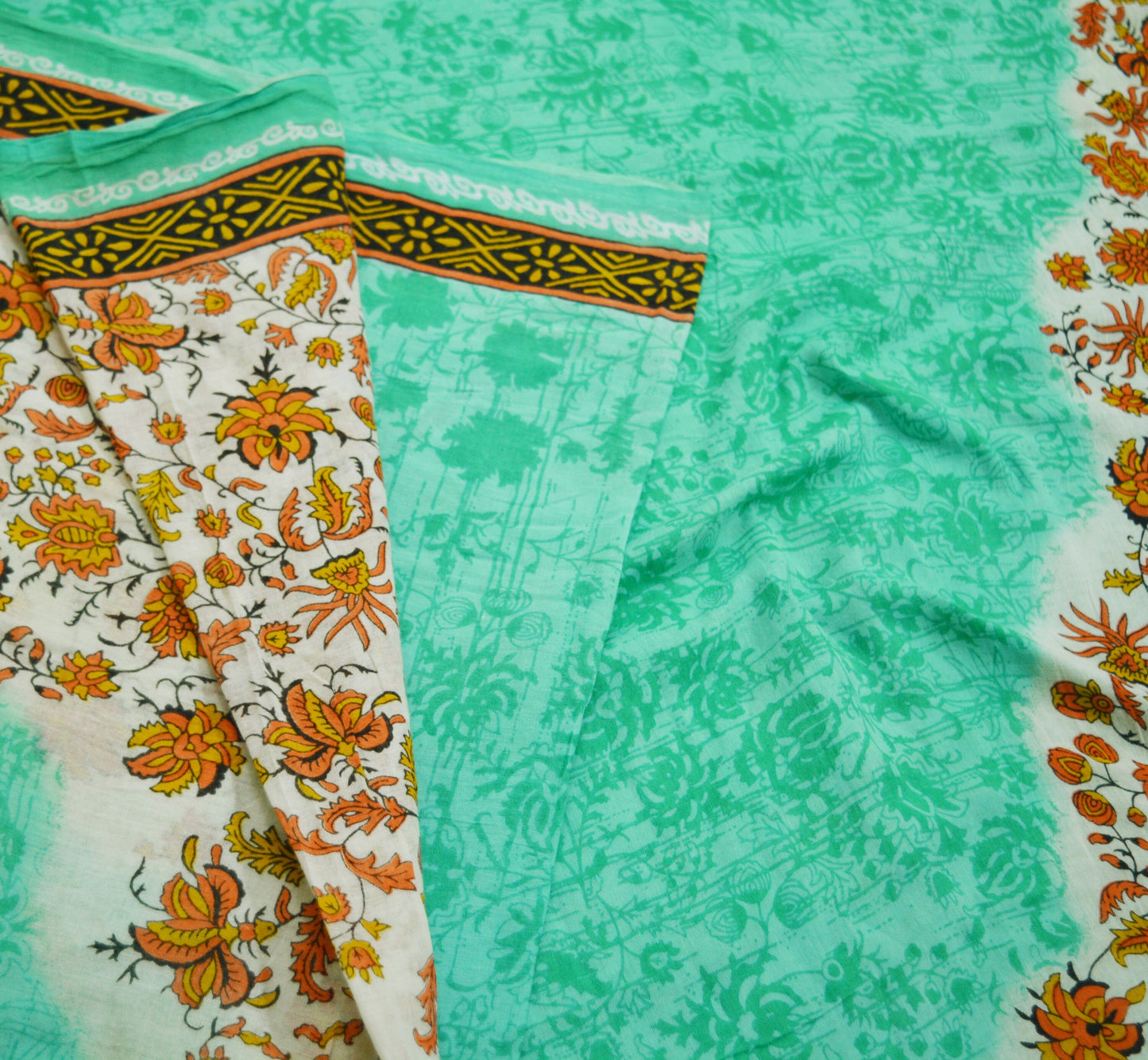 Indian Vintage Sari Green Printed Pure Cotton Saree Craft Soft Fabric 5Yard Sewing Sarong Wrap Boho Floral