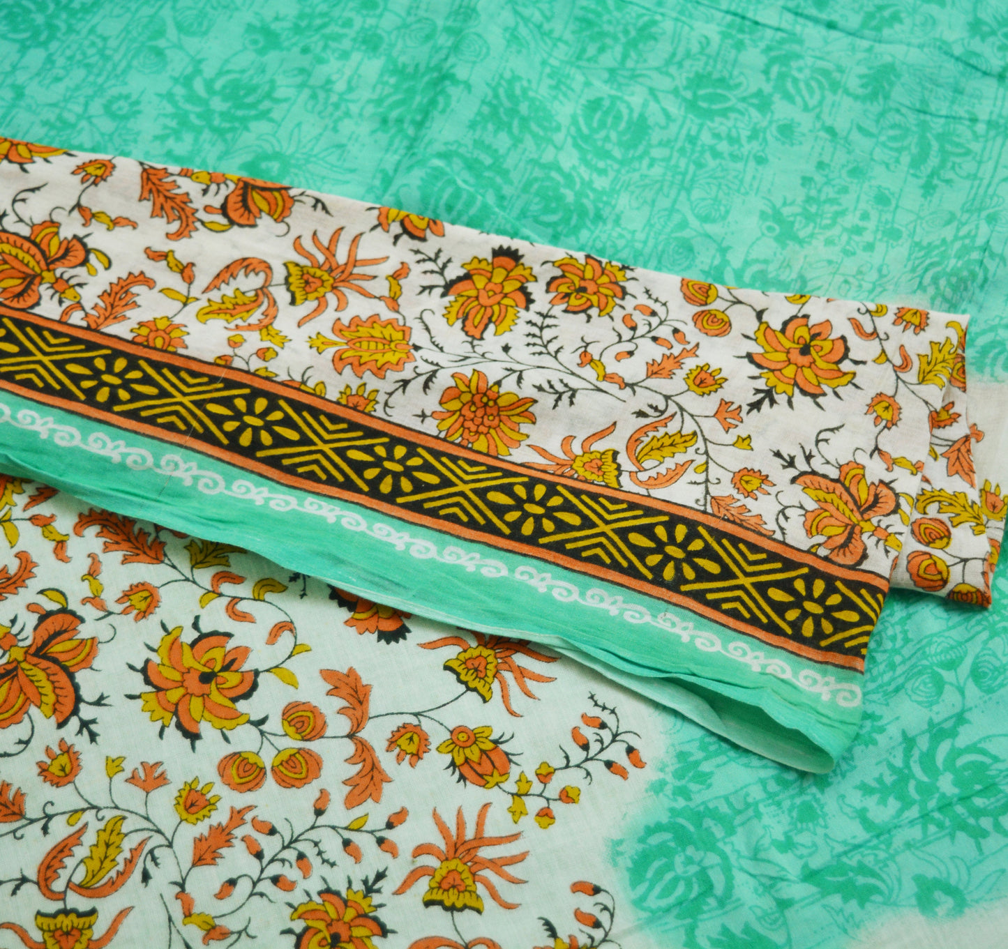Indian Vintage Sari Green Printed Pure Cotton Saree Craft Soft Fabric 5Yard Sewing Sarong Wrap Boho Floral