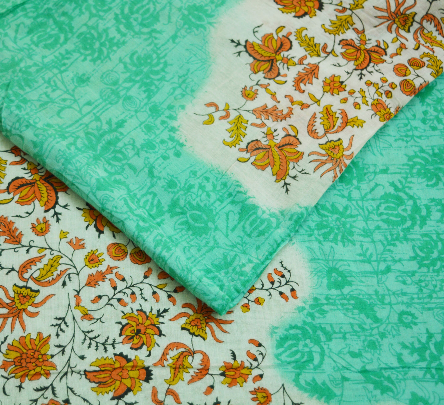 Indian Vintage Sari Green Printed Pure Cotton Saree Craft Soft Fabric 5Yard Sewing Sarong Wrap Boho Floral
