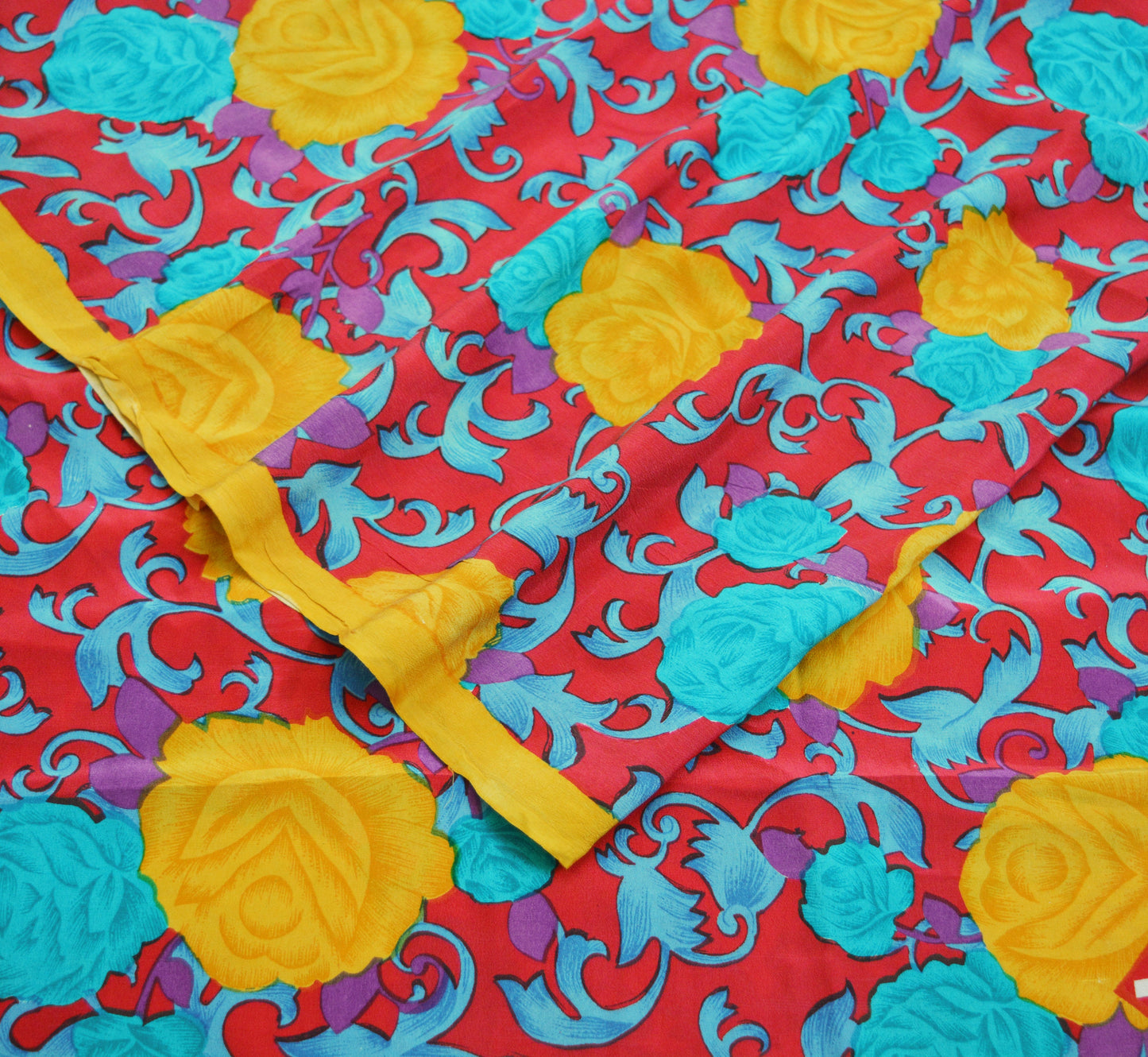 Indian Vintage Sari Red Pure Crepe Silk Printed Saree 5yard Sewing Floral Soft Craft Fabric Wrap