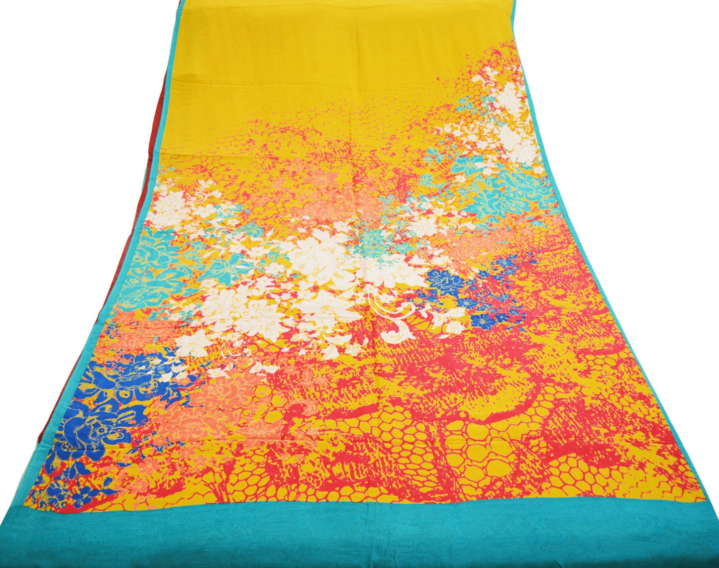 Indian Vintage Sari Red & Yellow Pure Crepe Silk Printed Saree 5yard Sewing Abstract Soft Craft Fabric Wrap