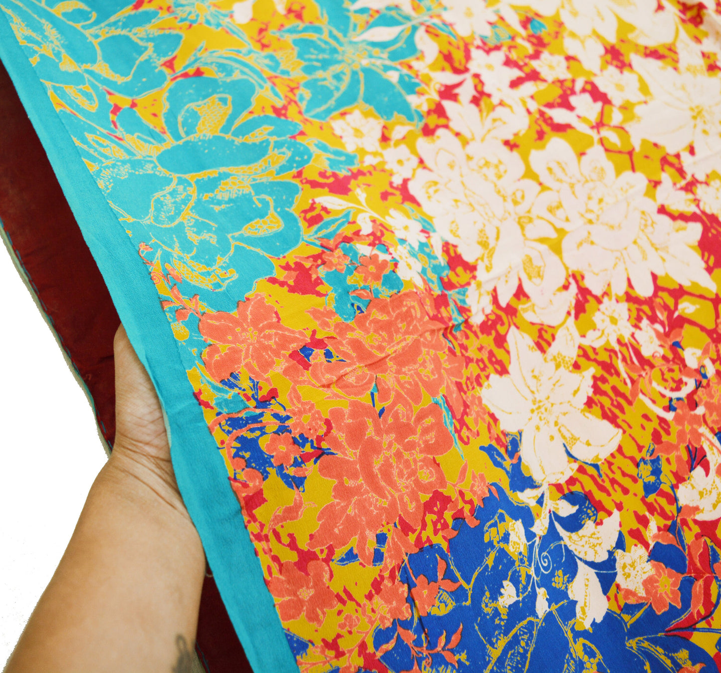 Indian Vintage Sari Red & Yellow Pure Crepe Silk Printed Saree 5yard Sewing Abstract Soft Craft Fabric Wrap