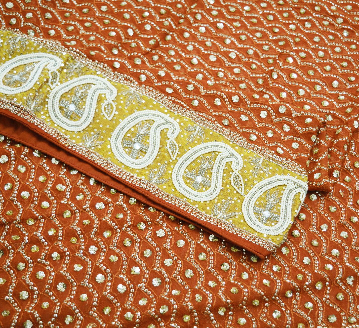 Indian Vintage Heavy Orange Dupatta Pure Georgette Silk Long Stole Hand Embroidered Scarf Sequins Paisley Tissue patch