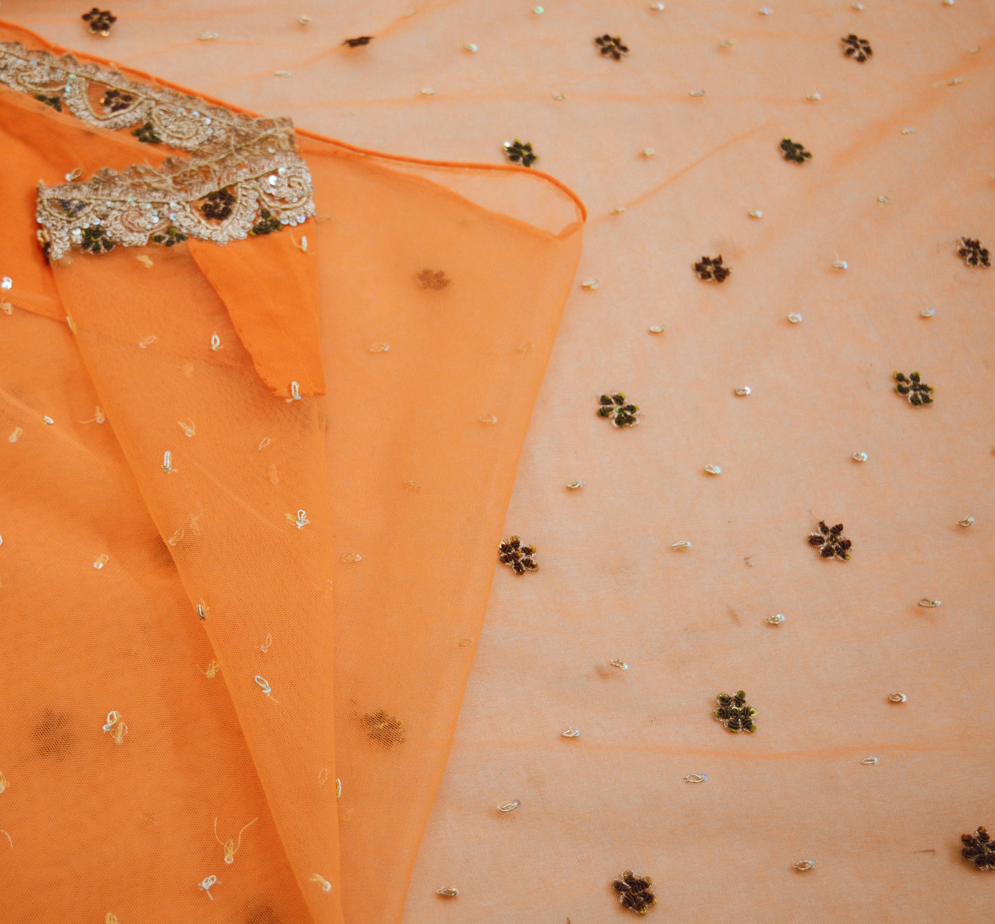 Indian Vintage Orange Saree Net/Mesh Hand Embroidered Indian Sari Fabric 6Yd Sewing Soft Zardozi/Dabka Zari Sequins
