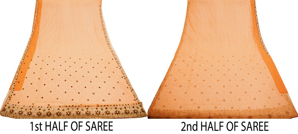 Indian Vintage Orange Saree Net/Mesh Hand Embroidered Indian Sari Fabric 6Yd Sewing Soft Zardozi/Dabka Zari Sequins