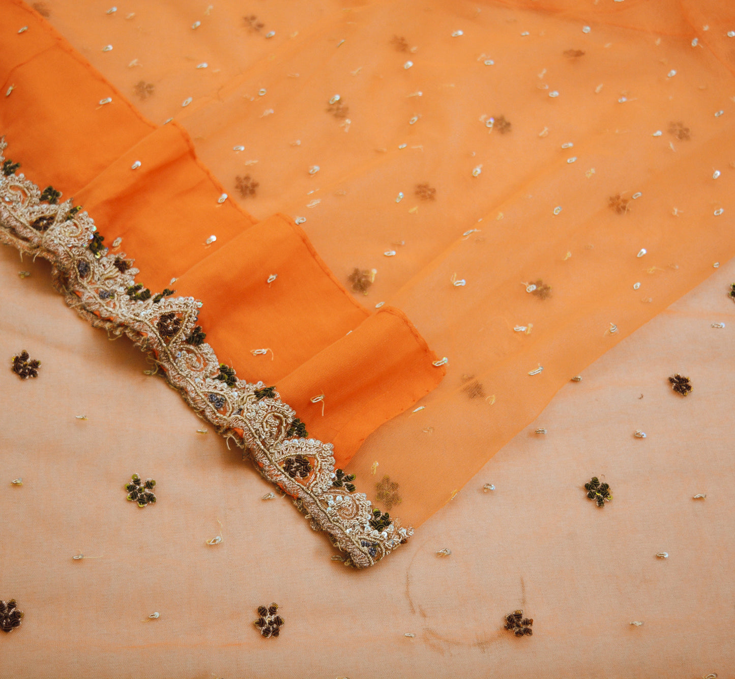 Indian Vintage Orange Saree Net/Mesh Hand Embroidered Indian Sari Fabric 6Yd Sewing Soft Zardozi/Dabka Zari Sequins