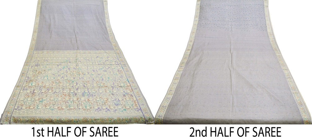 Indian Vintage Sari Gray 100% Pure Silk Printed Woven Sarees Fabric 5yd Sewing Craft Fabric DressMaking Soft Wrap