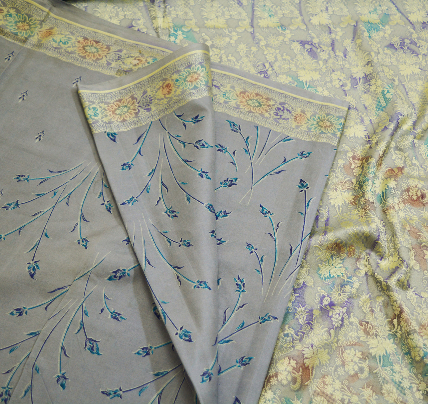 Indian Vintage Sari Gray 100% Pure Silk Printed Woven Sarees Fabric 5yd Sewing Craft Fabric DressMaking Soft Wrap