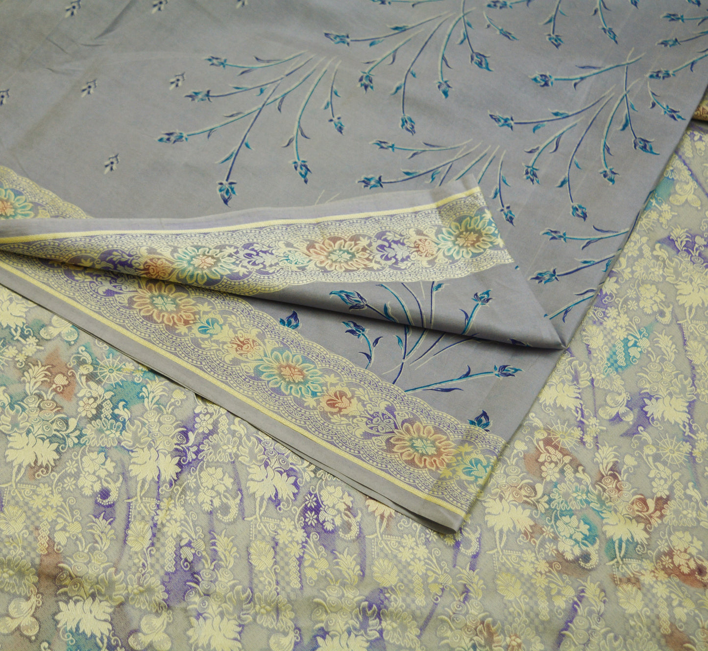 Indian Vintage Sari Gray 100% Pure Silk Printed Woven Sarees Fabric 5yd Sewing Craft Fabric DressMaking Soft Wrap