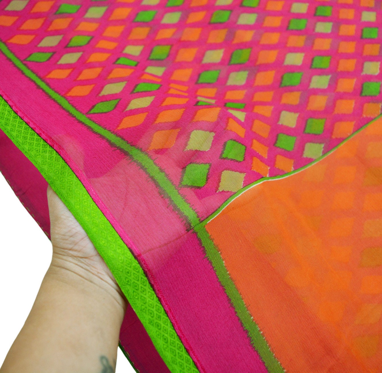 Women Vintage Sari Orange & Pink Pure Chiffon Silk Printed Saree Craft Fabric Sewing 6Yard Soft Light Sari Dress Making