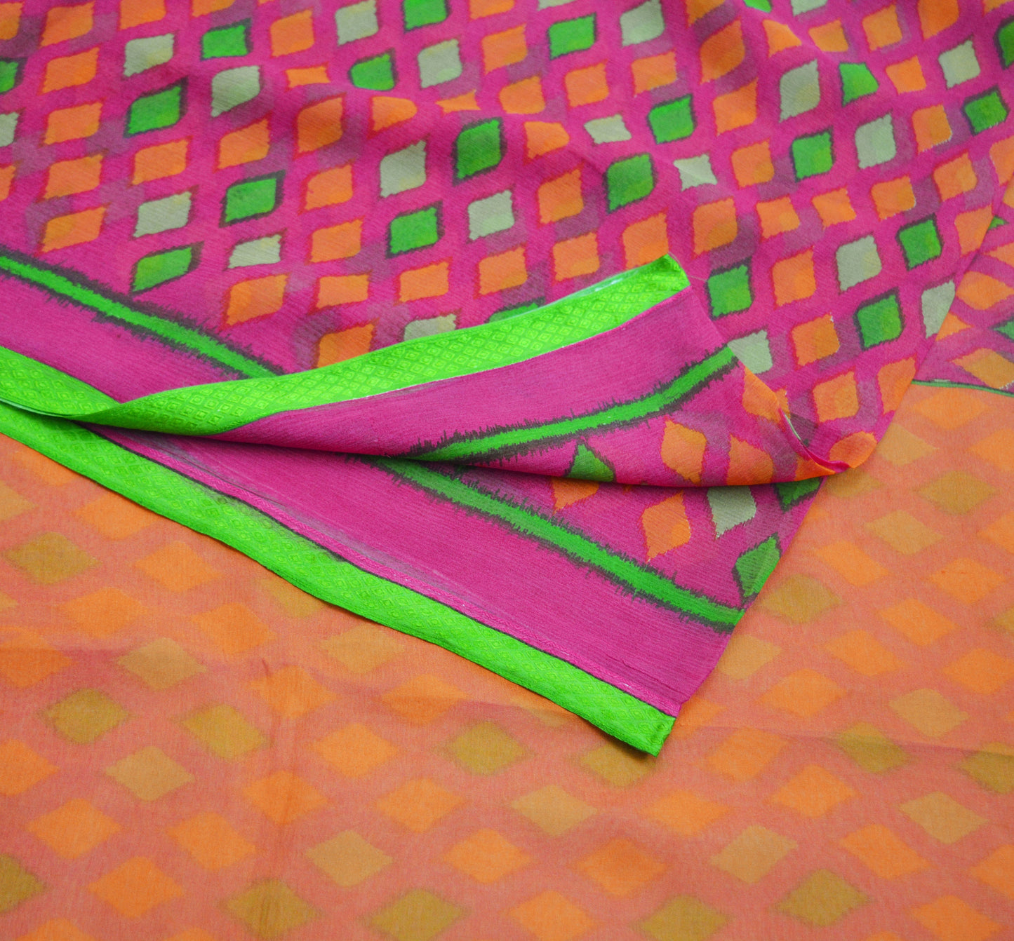 Women Vintage Sari Orange & Pink Pure Chiffon Silk Printed Saree Craft Fabric Sewing 6Yard Soft Light Sari Dress Making