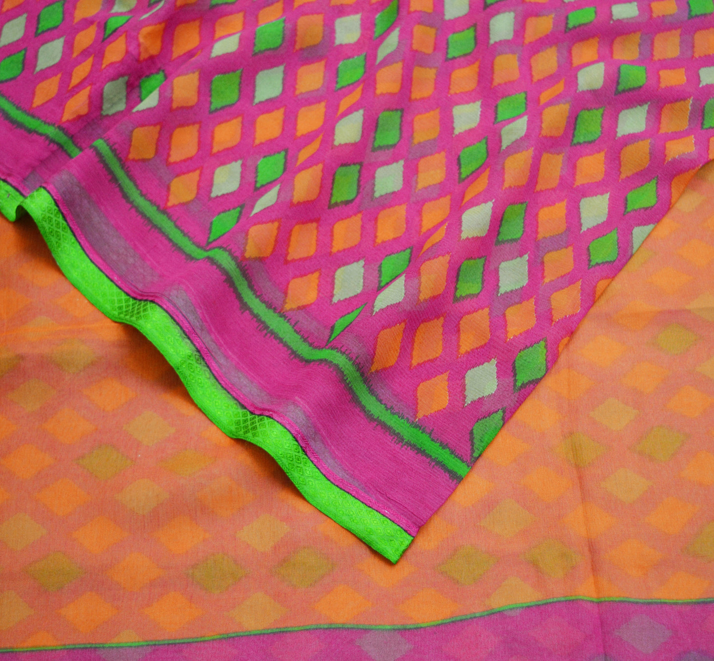 Women Vintage Sari Orange & Pink Pure Chiffon Silk Printed Saree Craft Fabric Sewing 6Yard Soft Light Sari Dress Making