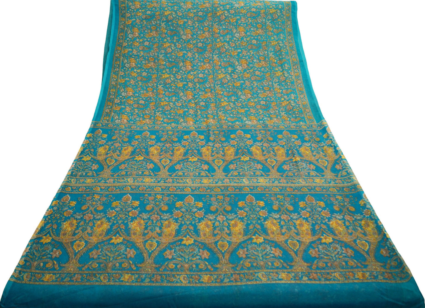 Indian Women Vintage Sari Blue Chiffon Printed Saree Sewing 6yard Soft Craft Floral Design Wrap Boho