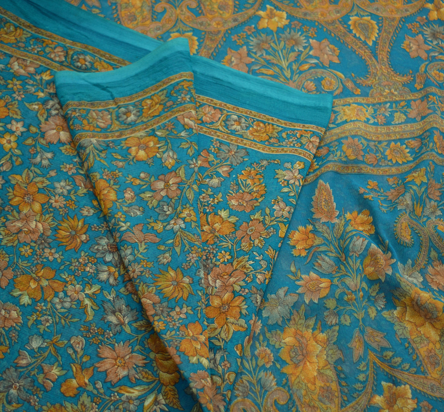 Indian Women Vintage Sari Blue Chiffon Printed Saree Sewing 6yard Soft Craft Floral Design Wrap Boho