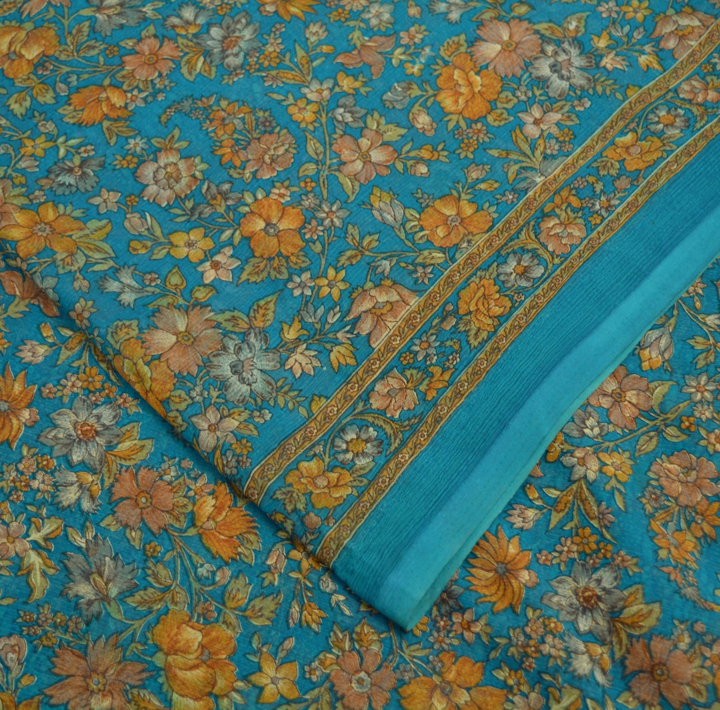 Indian Women Vintage Sari Blue Chiffon Printed Saree Sewing 6yard Soft Craft Floral Design Wrap Boho