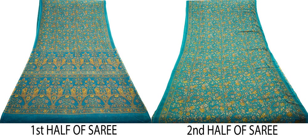 Indian Women Vintage Sari Blue Chiffon Printed Saree Sewing 6yard Soft Craft Floral Design Wrap Boho
