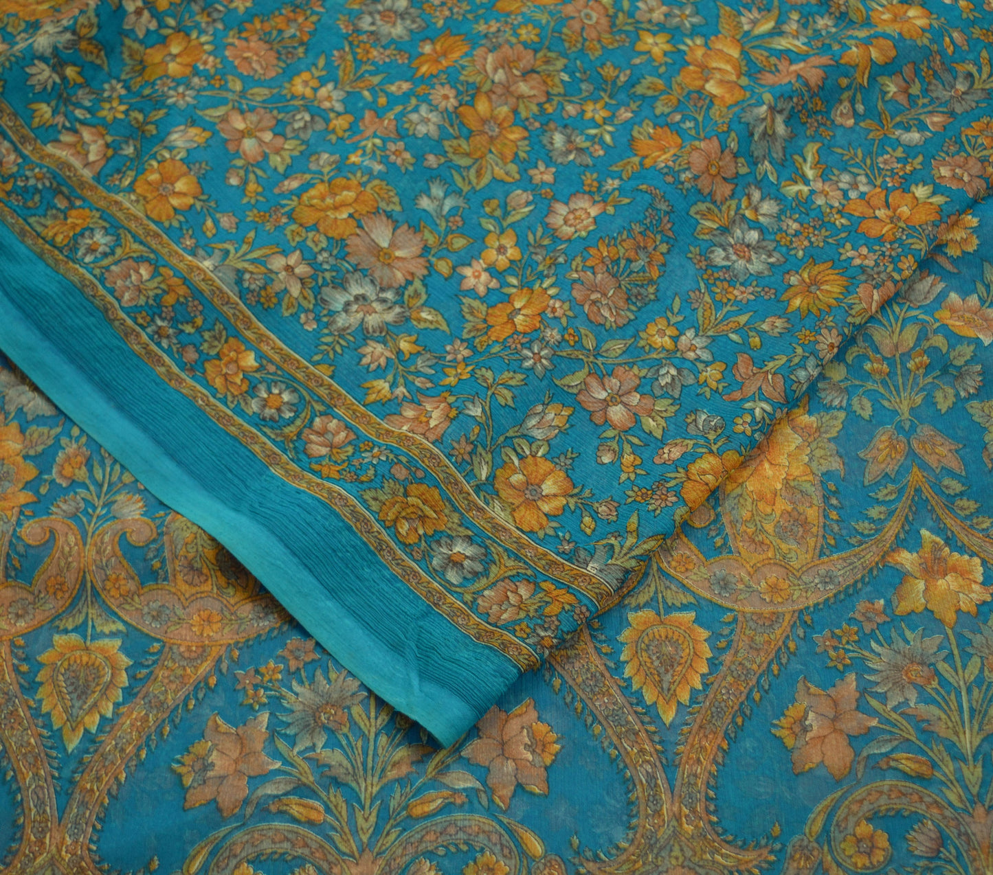 Indian Women Vintage Sari Blue Chiffon Printed Saree Sewing 6yard Soft Craft Floral Design Wrap Boho