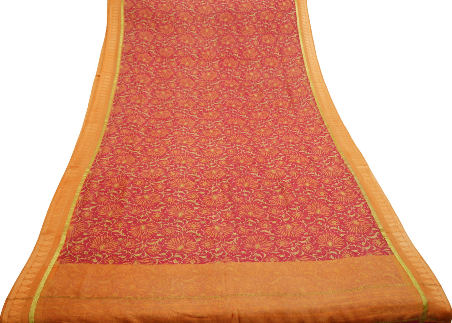 Women Vintage Sari Orange & Pink Pure Chiffon Silk Printed Saree Craft Fabric Sewing 6Yard Soft Light Sari Dress Making Zari