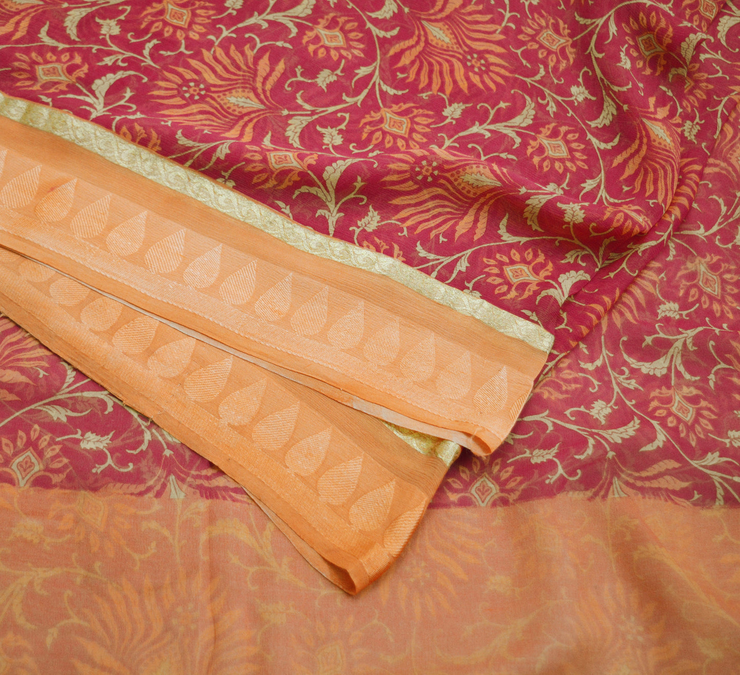 Women Vintage Sari Orange & Pink Pure Chiffon Silk Printed Saree Craft Fabric Sewing 6Yard Soft Light Sari Dress Making Zari