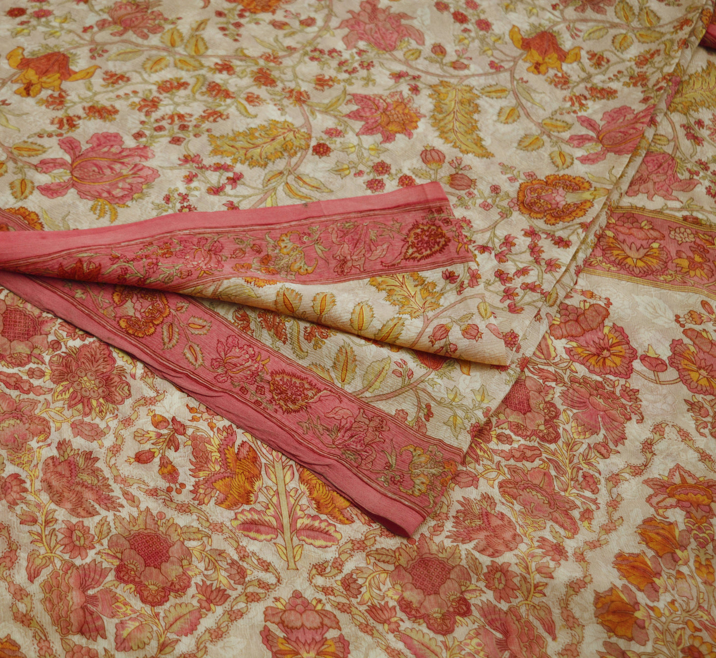 Women Vintage Sari Pink & Beige Pure Chiffon Silk Printed Saree Craft Fabric Sewing 5Yard Soft Light Sari Dress Making