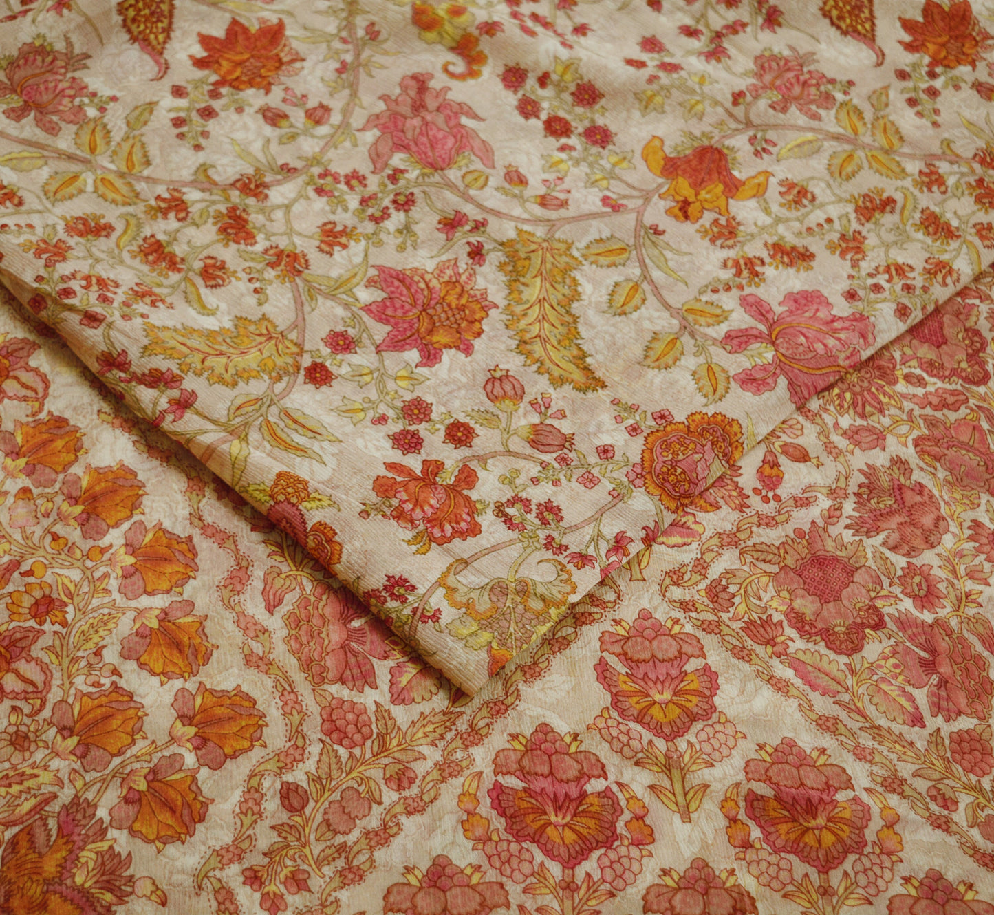 Women Vintage Sari Pink & Beige Pure Chiffon Silk Printed Saree Craft Fabric Sewing 5Yard Soft Light Sari Dress Making
