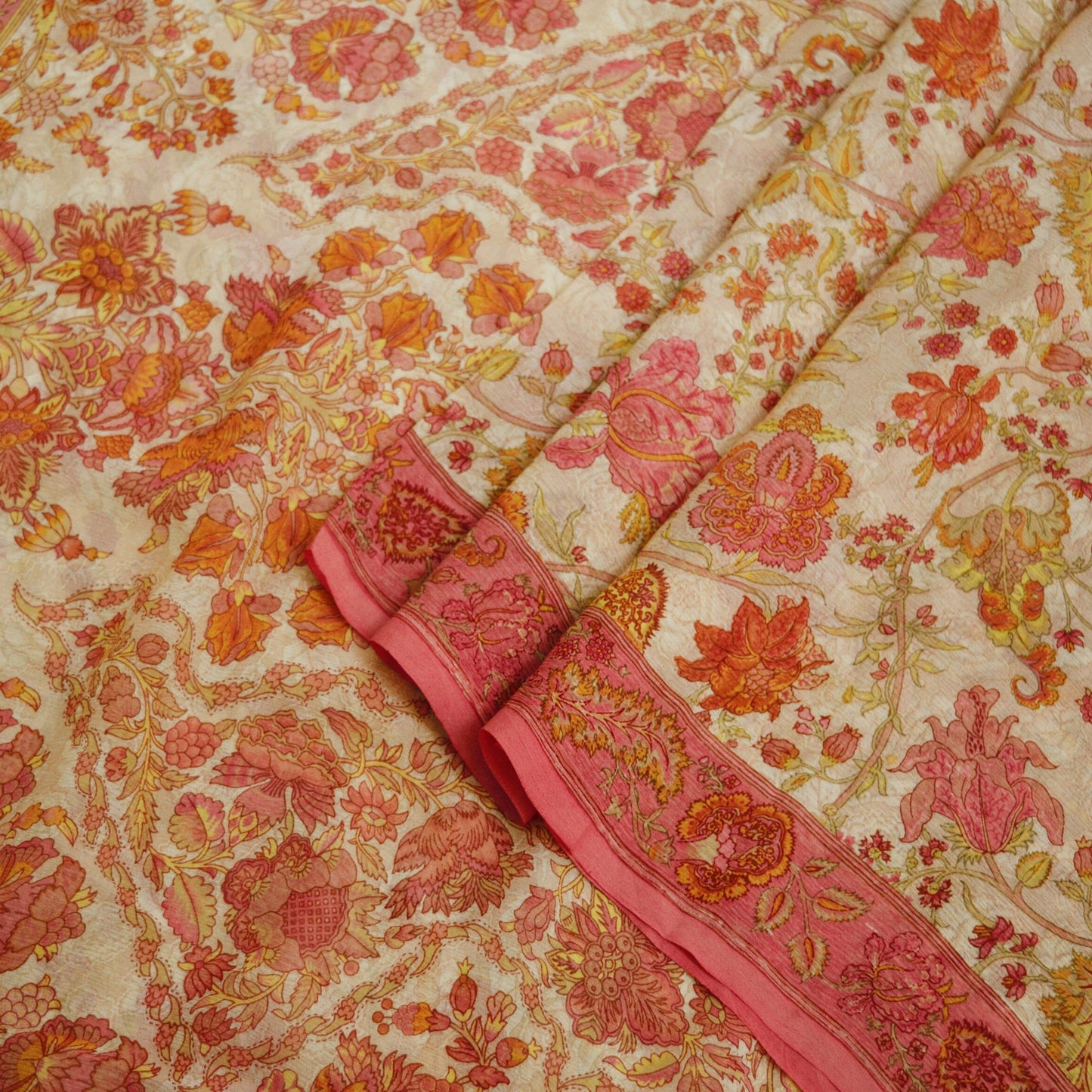 Women Vintage Sari Pink & Beige Pure Chiffon Silk Printed Saree Craft Fabric Sewing 5Yard Soft Light Sari Dress Making