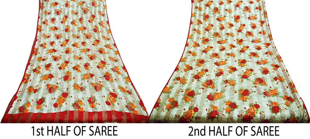 Women Vintage Sari Beige & red Pure Chiffon Silk Block Printed Saree Craft Fabric Sewing 5Yard Soft Light Sari Dress Making