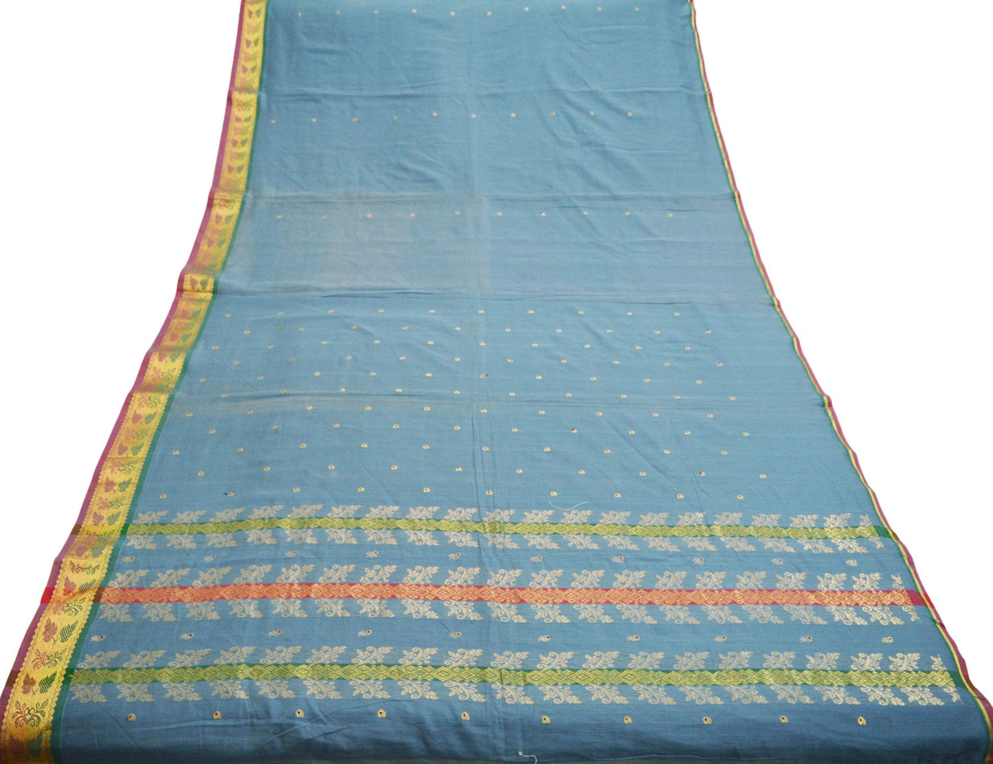 Vintage greyish Sari Blue Pure Cotton Hand Woven Saree Golden Zari 5Yard Soft Floral Golden Zari